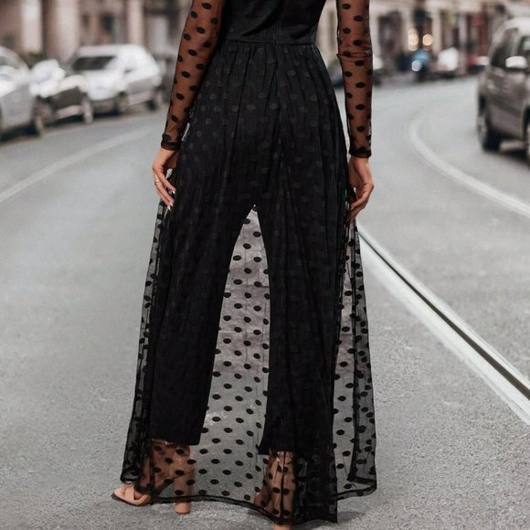 Black Preppy Women's Patchwork Mesh Wide Leg Jumpsuit - Picture 2 of 5